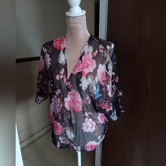 Zanzea ~ Black Pink Sheer Floral Chiffon Kimono – Lightweight Open Front - Picture 3 of 13